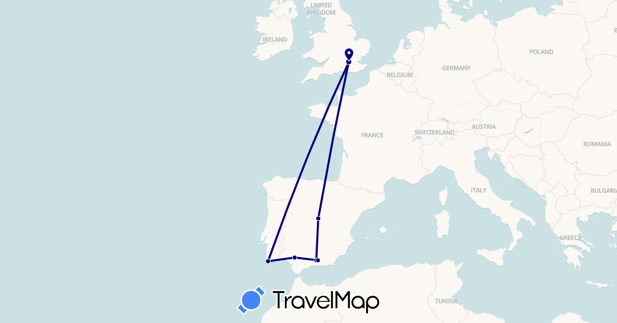 TravelMap itinerary: driving in Spain, United Kingdom, Portugal (Europe)